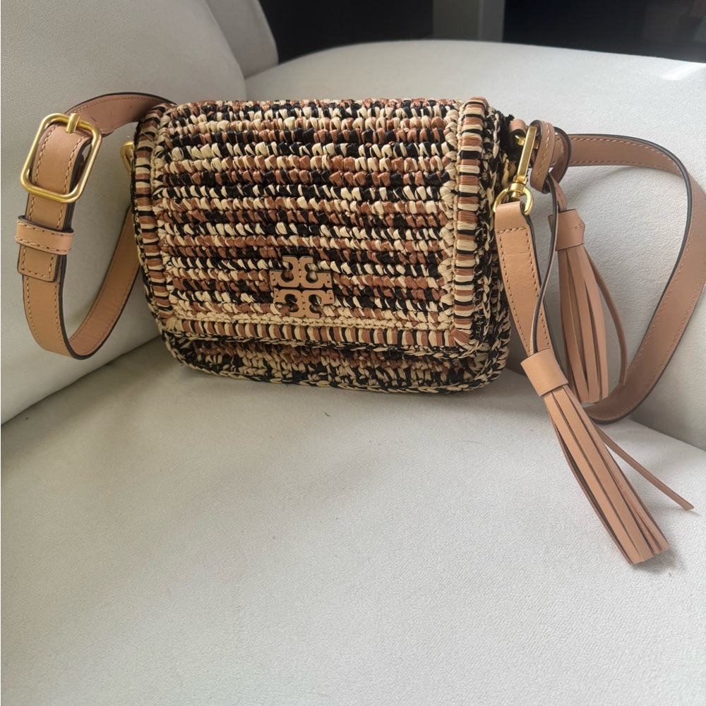 NEW Raffia Tory Burch Tan and Brown Woven Crossbody Bag